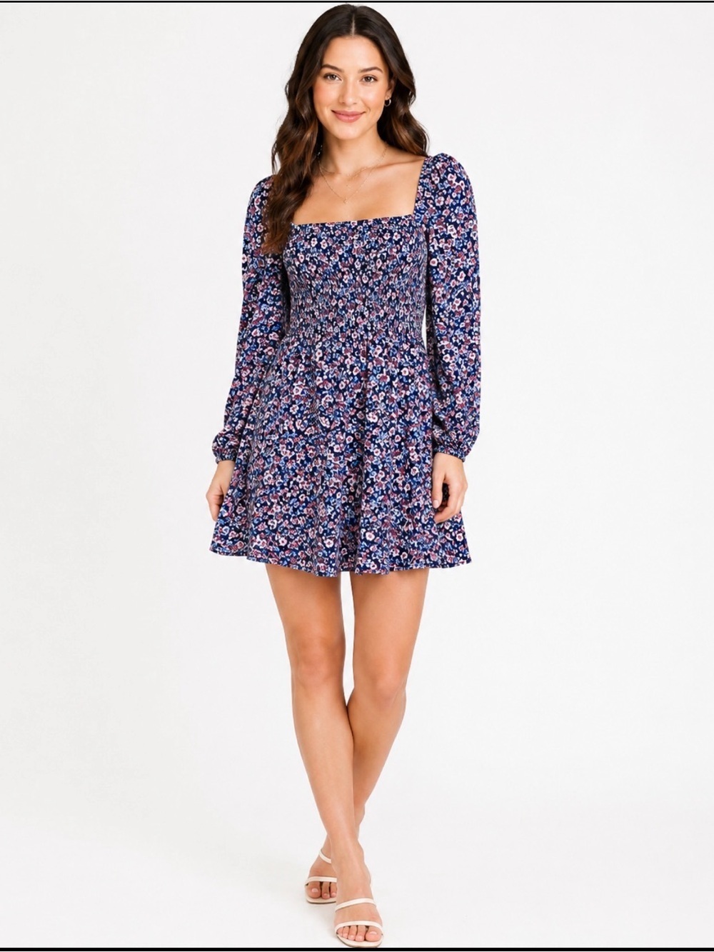 Stitch & Pine Floral Smocked Long Sleeve Dress Med